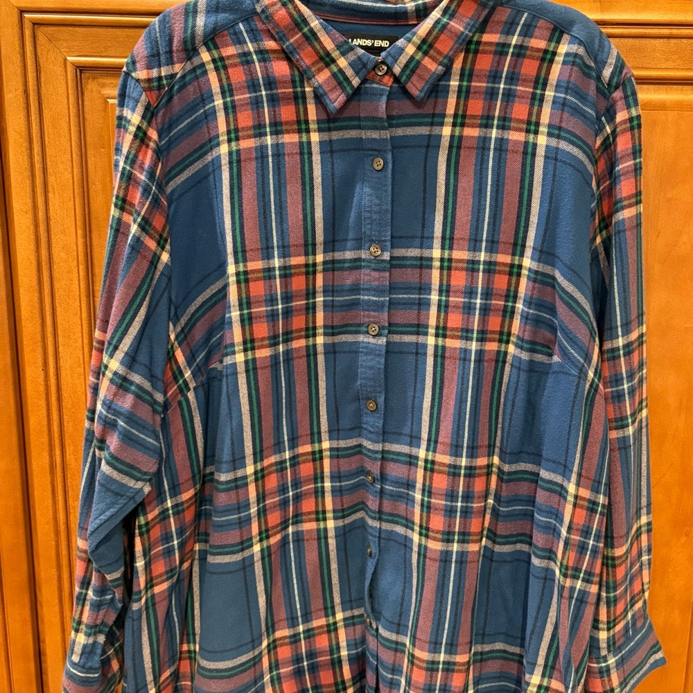 Lands' End Women's Blue Plaid Button Down Shirt